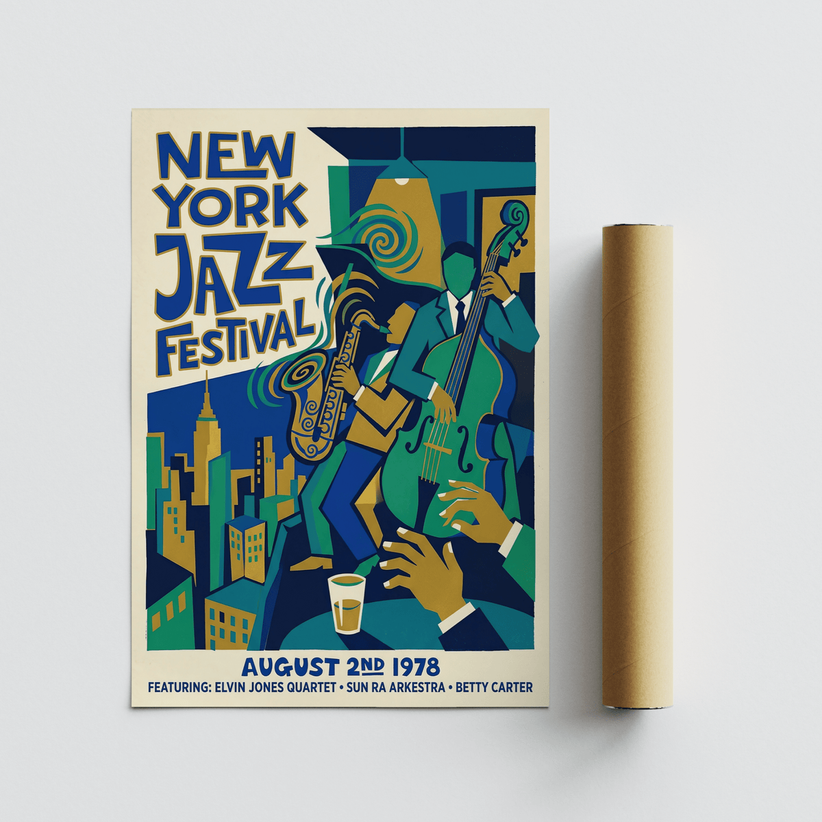 Classic concert style art print with swirling sound lines and instruments