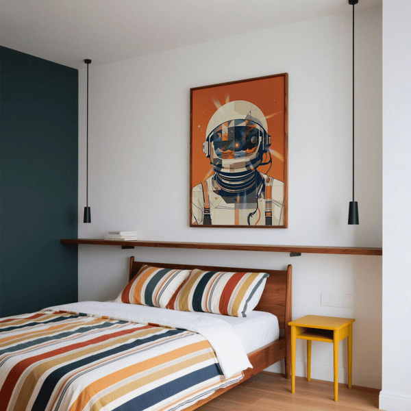 Abstract Astronaut Poster with blue, orange, beige palette for hallway
