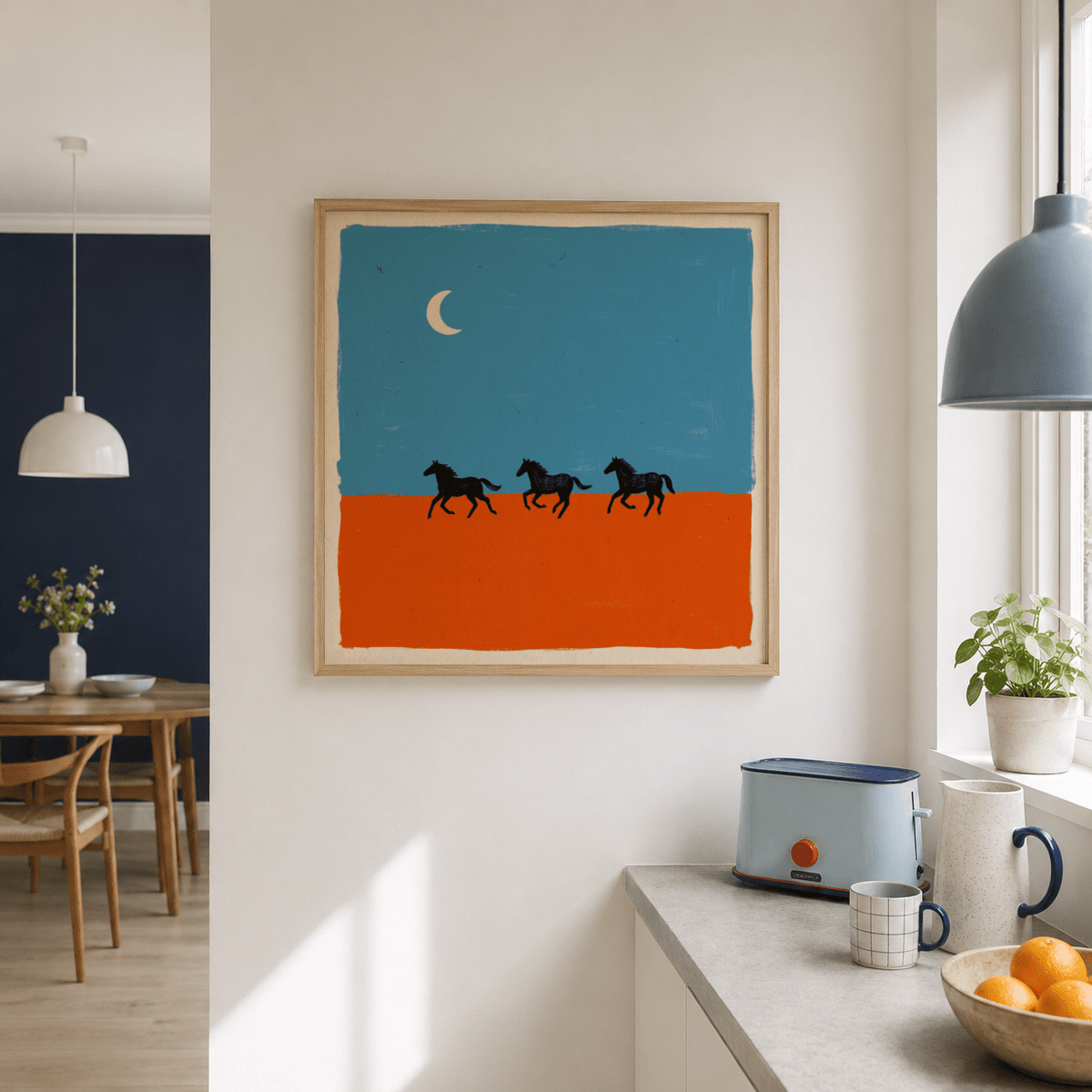 Crescent-moon scene poster featuring three galloping horse silhouettes in a simple horizon layout