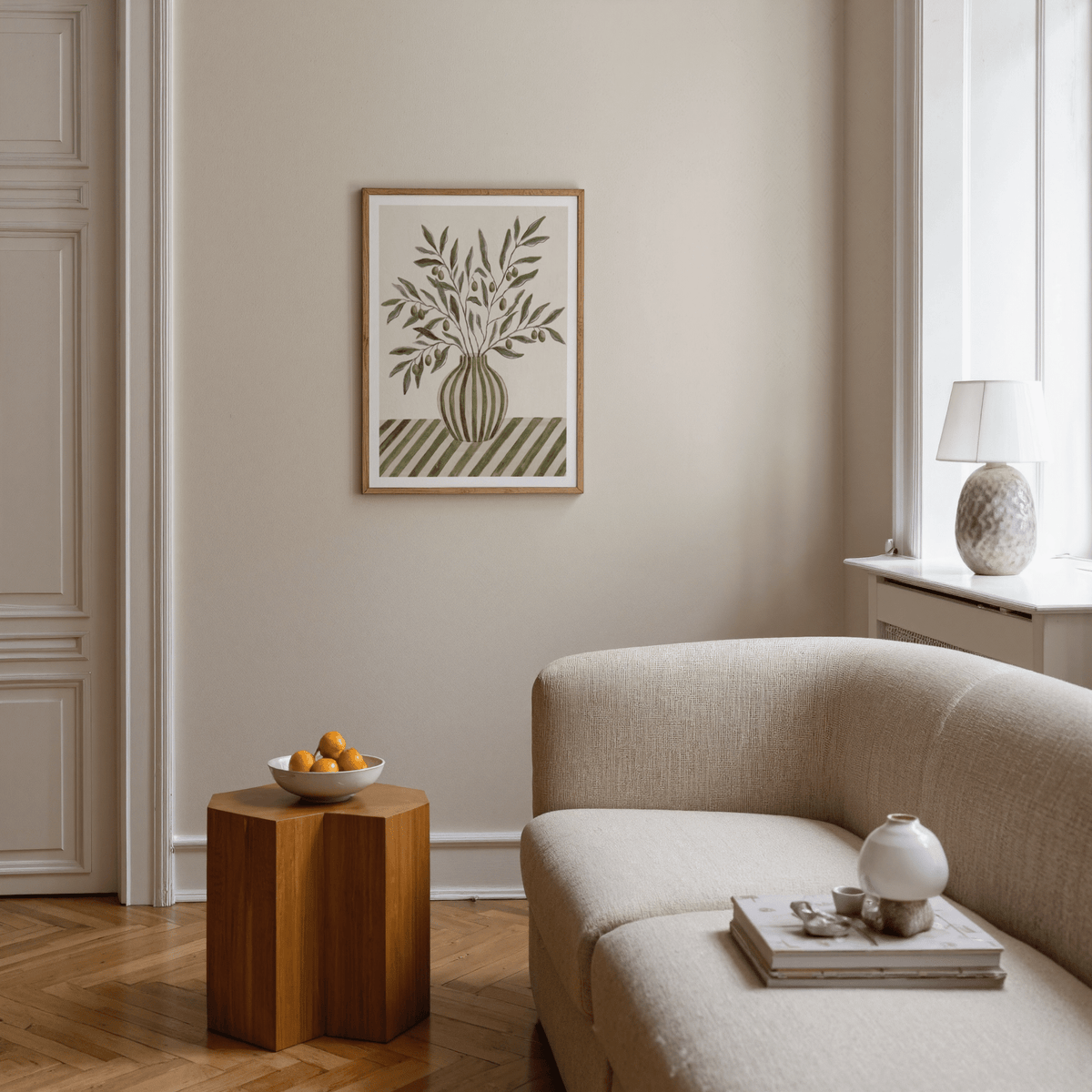 Serene Olive Branch Art for living room with green and beige tones, wall art