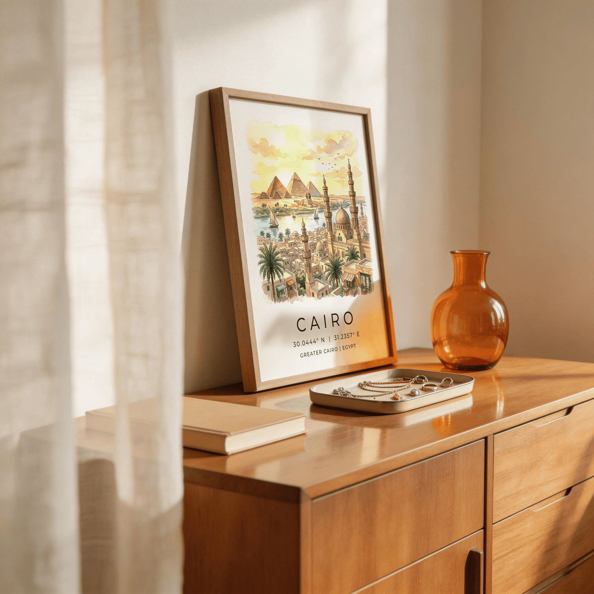 Illustrated Cairo cityscape print with domes, minarets, and palm trees near the river
