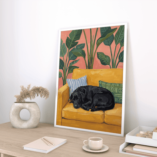 Chic Black Lab Wall Art with botanical vibe, Yellow, Black, Green for studio, print