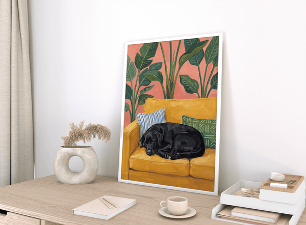 Chic Black Lab Wall Art with botanical vibe, Yellow, Black, Green for studio, print