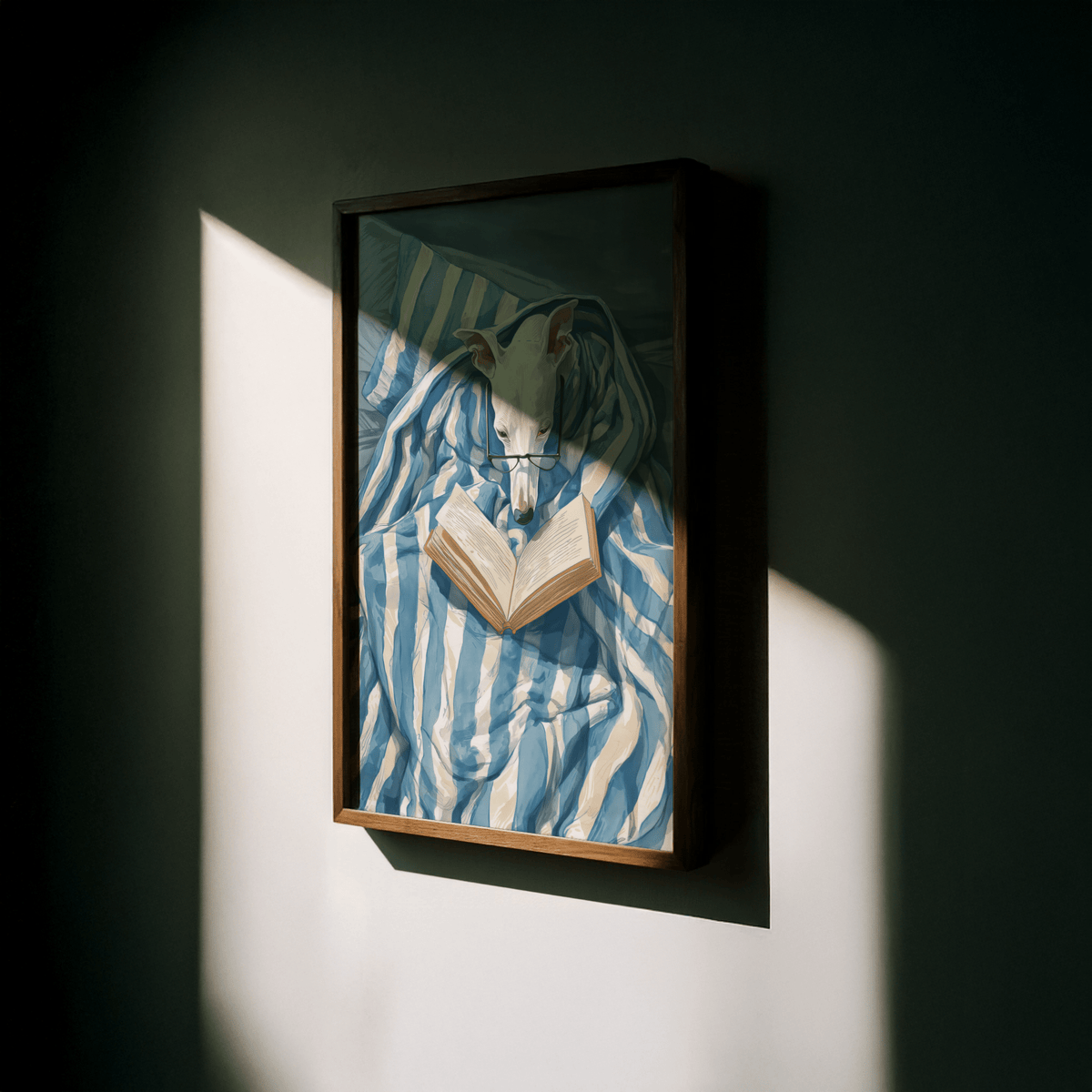 Dog Reading Print wall art with White and Blue for cozy nook