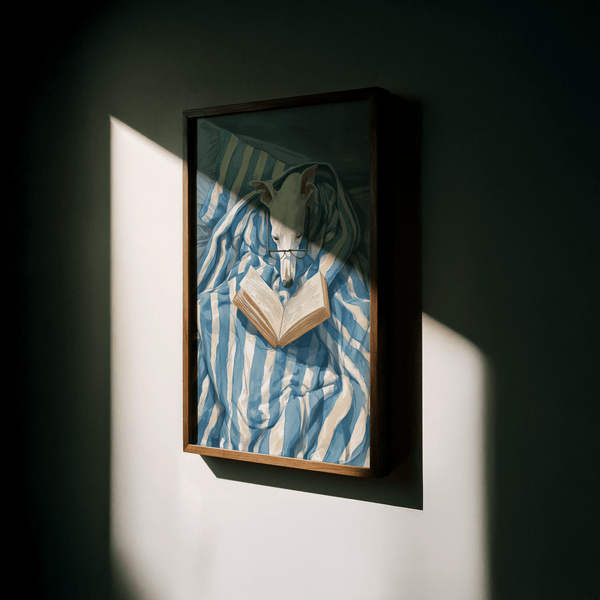 Dog Reading Print wall art with White and Blue for cozy nook