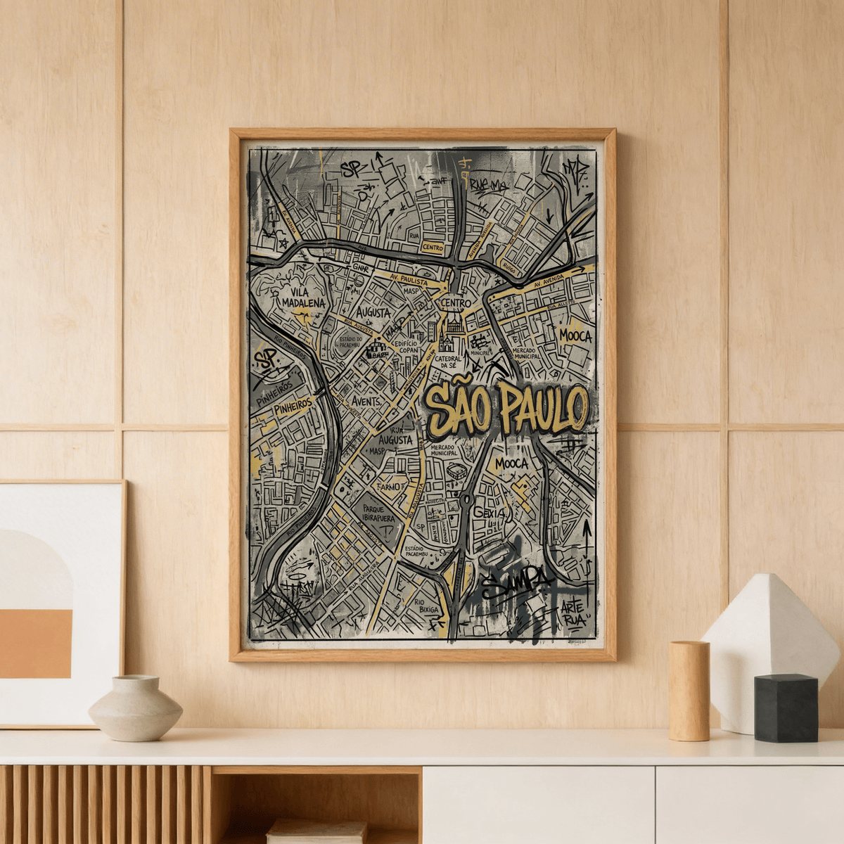 Close-up of Sao Paulo map print showing street blocks, route lines, and neighborhood labels