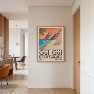 Graphic palm leaf entering from corner over distant mountain silhouettes
