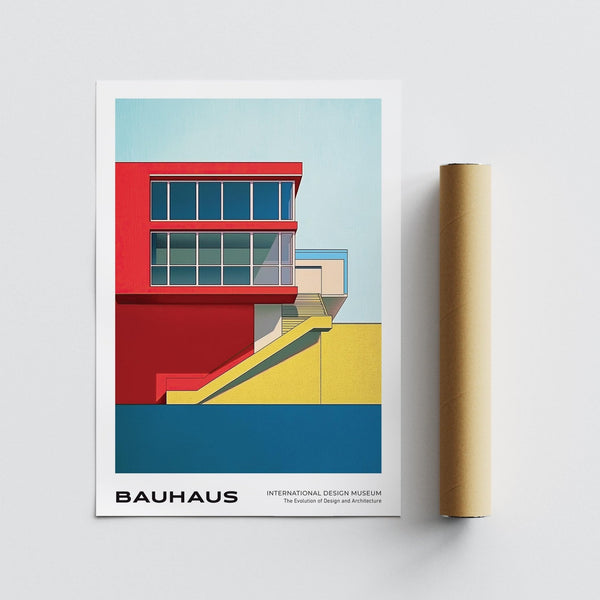 A colorful architectural composition rendered in mid century modern art prints style.