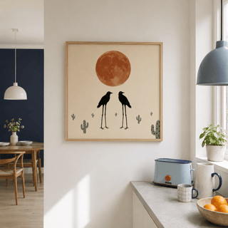 Cactus Bird Wall Art poster featuring birds, moon and scattered cacti