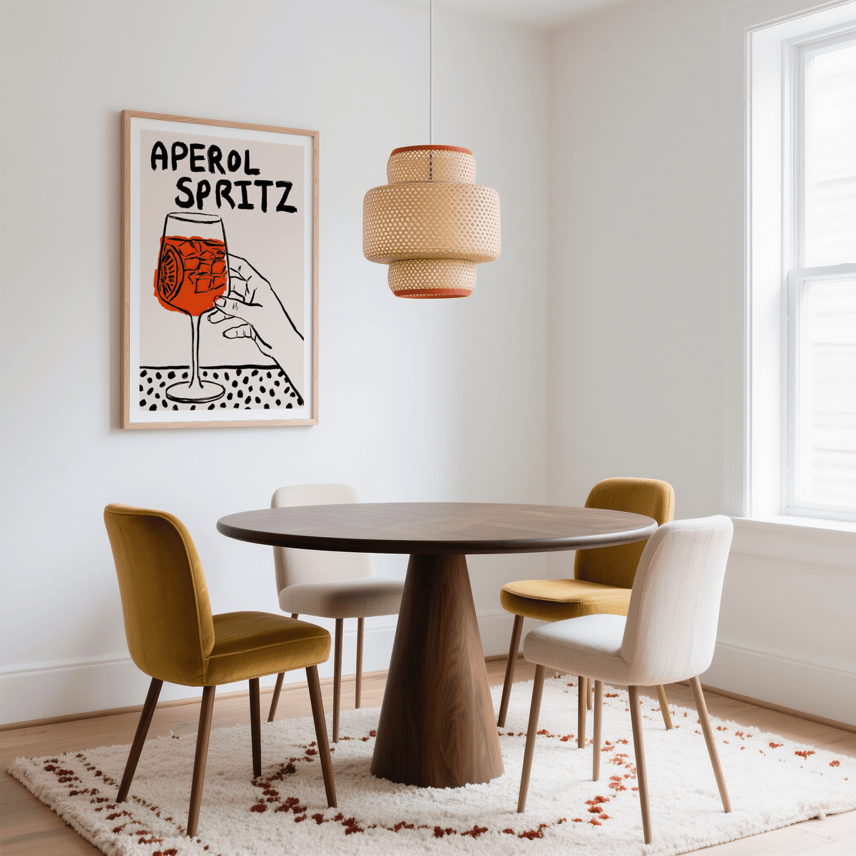 Minimalist Aperol Spritz Print with orange, black, white in kitchen decor
