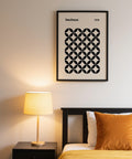 Beige and black mid century wall print for modern interiors, showing geometric symmetry.