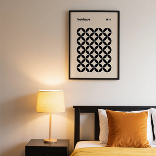 Beige and black mid century wall print for modern interiors, showing geometric symmetry.