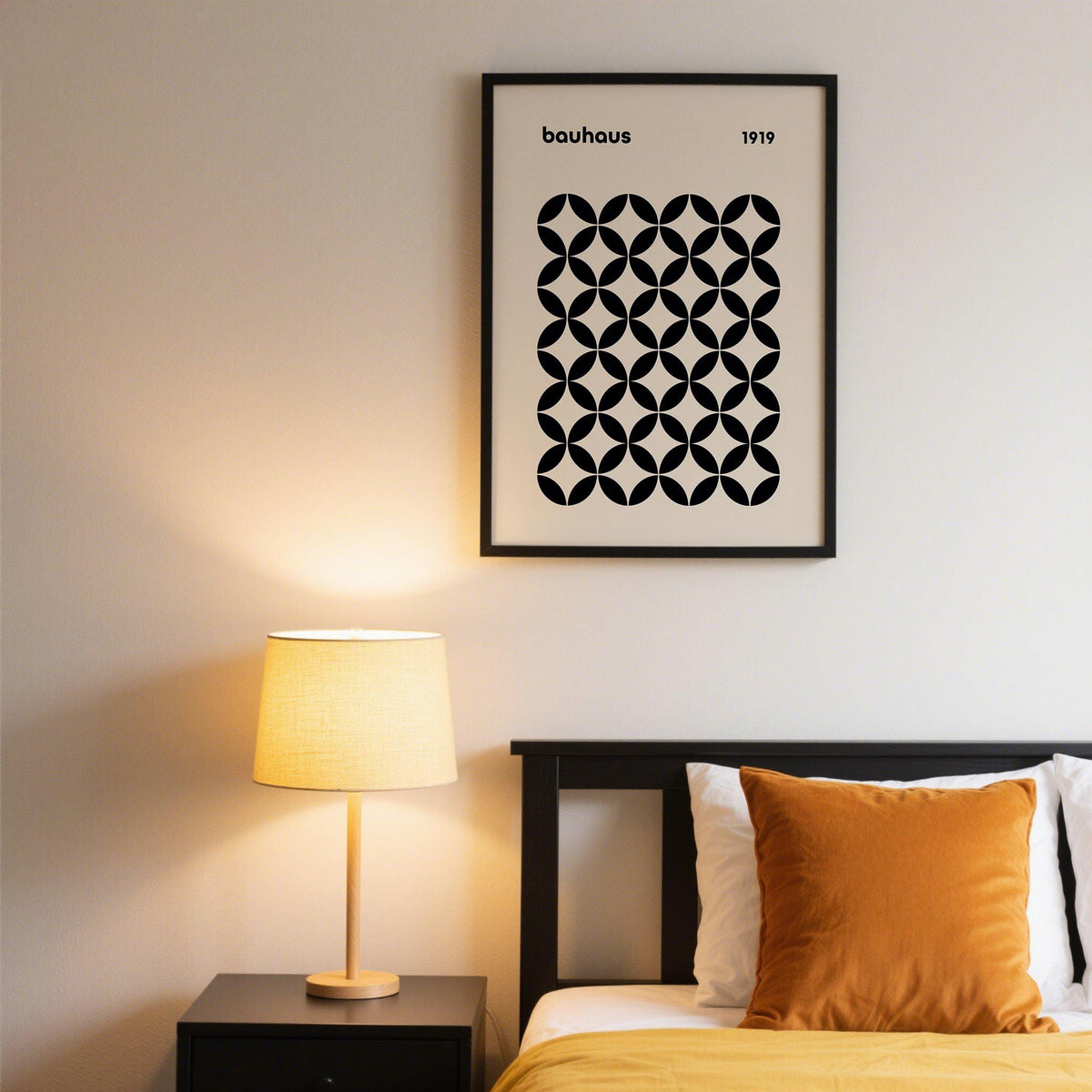 Beige and black mid century wall print for modern interiors, showing geometric symmetry.