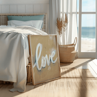 Hand-painted Love Wall Art, blue and white on beige, entryway print
