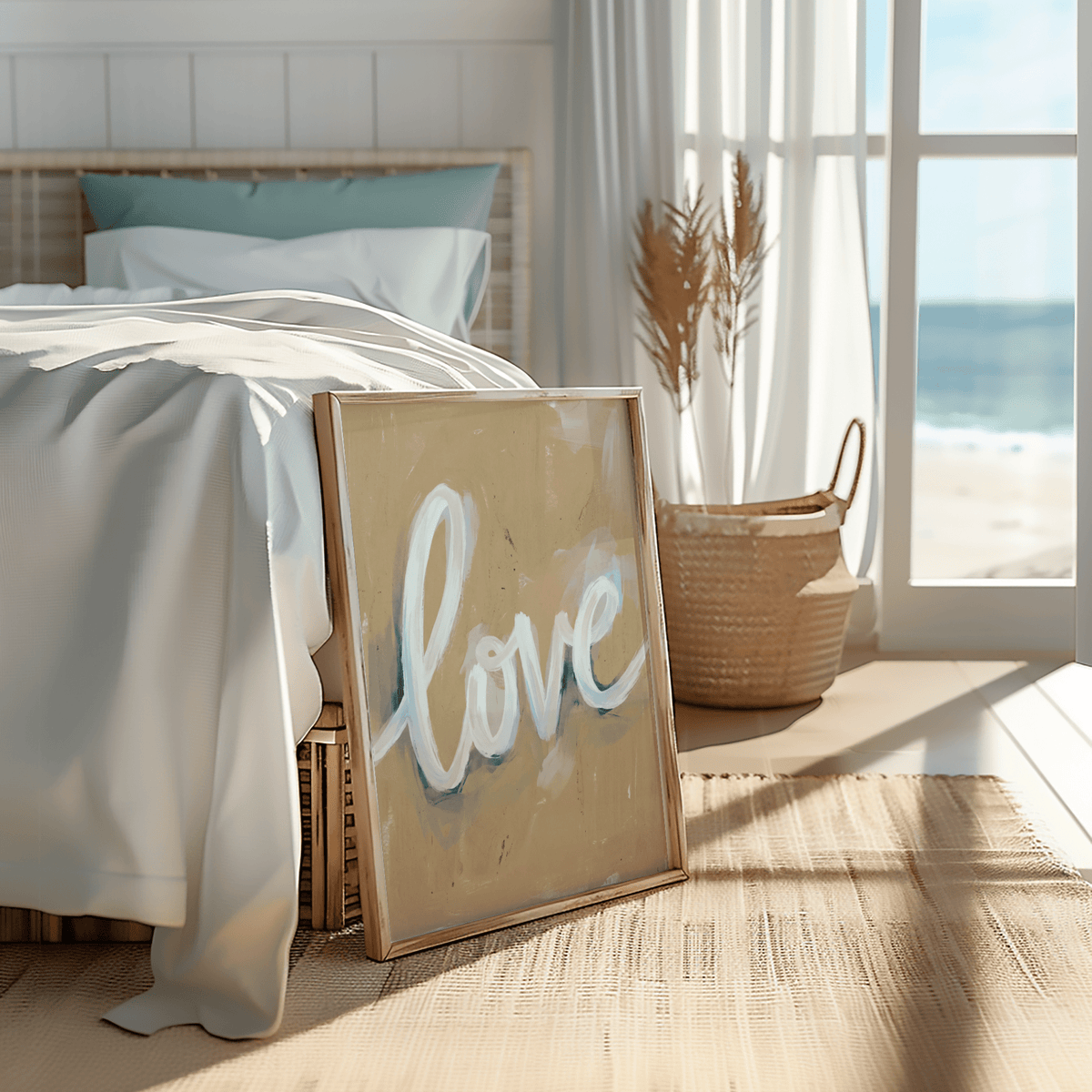 Hand-painted Love Wall Art, blue and white on beige, entryway print