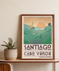 Text-based destination poster wall art reading “SANTIAGO” and “CABO VERDE” with small coordinates