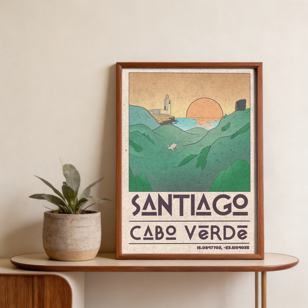 Text-based destination poster wall art reading “SANTIAGO” and “CABO VERDE” with small coordinates