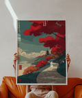 Landscape wall art poster with curving riverside path, clouds, and pagoda silhouette