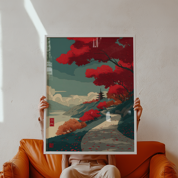 Landscape wall art poster with curving riverside path, clouds, and pagoda silhouette