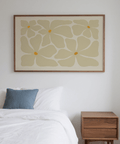 Graphic floral wall art print with repeated flower motifs and ample negative space