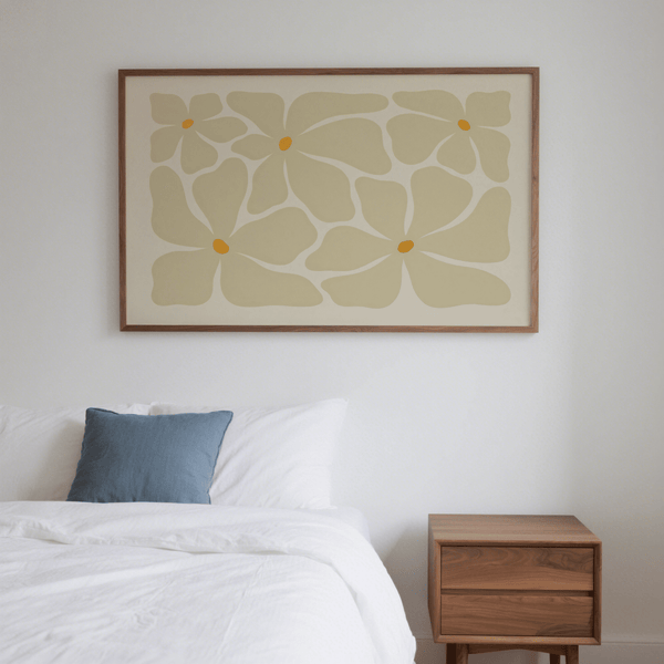 Graphic floral wall art print with repeated flower motifs and ample negative space