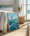Modern Lighthouse Art print, Blue waves, Pink tower, Green land for entryway