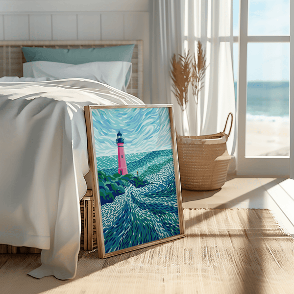 Modern Lighthouse Art print, Blue waves, Pink tower, Green land for entryway