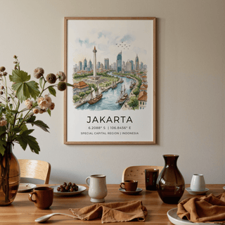 Detailing the Jakarta City Art Print with skyline towers, river boats, and clean typography