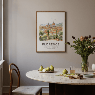 Illustrated cityscape print with bell tower rising over hillside backdrop