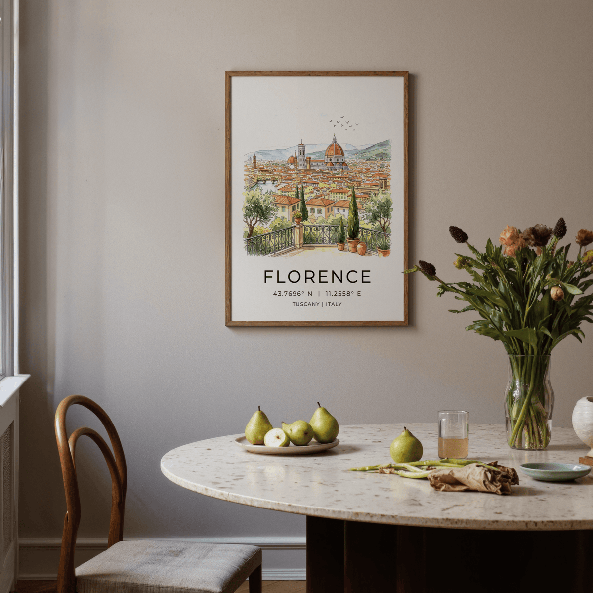Illustrated cityscape print with bell tower rising over hillside backdrop
