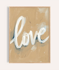 Love Wall Art print with blue and white on beige for bedroom decor