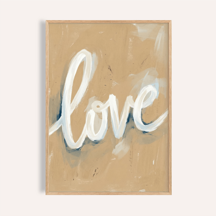 Love Wall Art print with blue and white on beige for bedroom decor