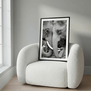 Detailed elephant poster with curled trunks and textured skin in black and white