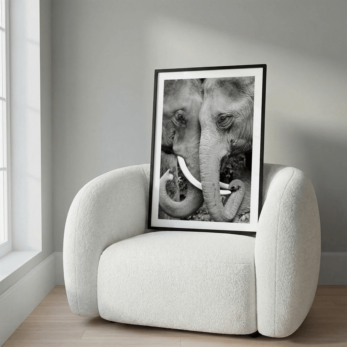 Detailed elephant poster with curled trunks and textured skin in black and white