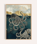Modern Octopus Wall Art in blue and gold for living room wall art