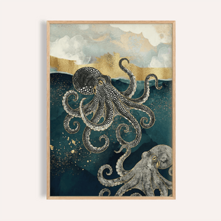 Modern Octopus Wall Art in blue and gold for living room wall art