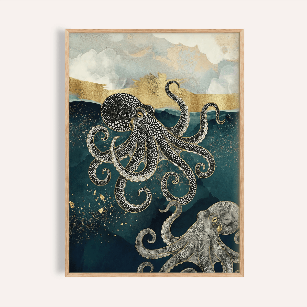 Modern Octopus Wall Art in blue and gold for living room wall art