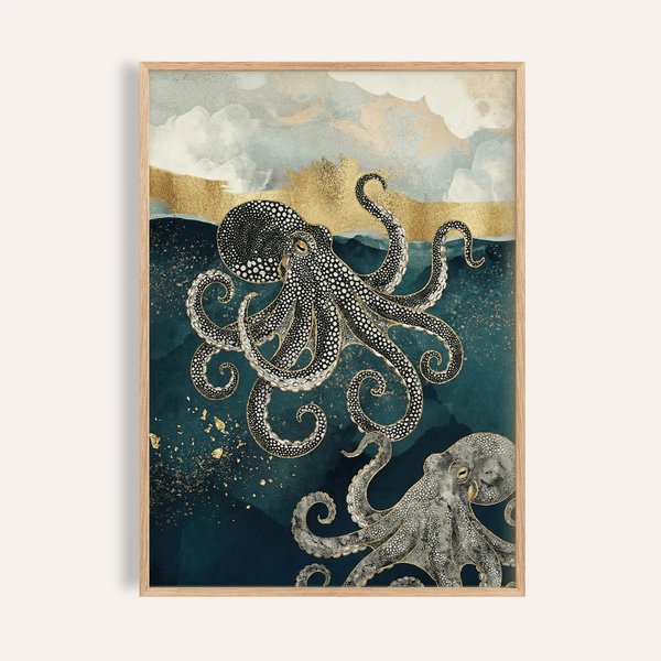 Modern Octopus Wall Art in blue and gold for living room wall art