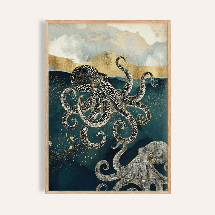 Modern Octopus Wall Art in blue and gold for living room wall art
