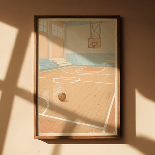 Retro gym scene art print featuring lone basketball on wooden floorboards