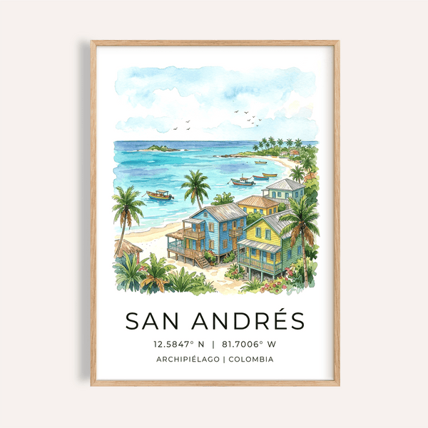 Watercolor San Andres Art Print travel poster with boats, palms, and coastal houses