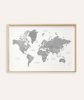 World Map Art print in Gray and White for office wall decor