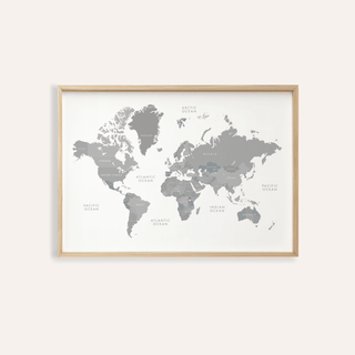 World Map Art print in Gray and White for office wall decor