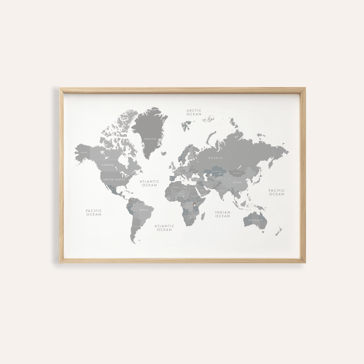 World Map Art print in Gray and White for office wall decor