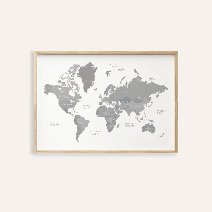 World Map Art print in Gray and White for office wall decor