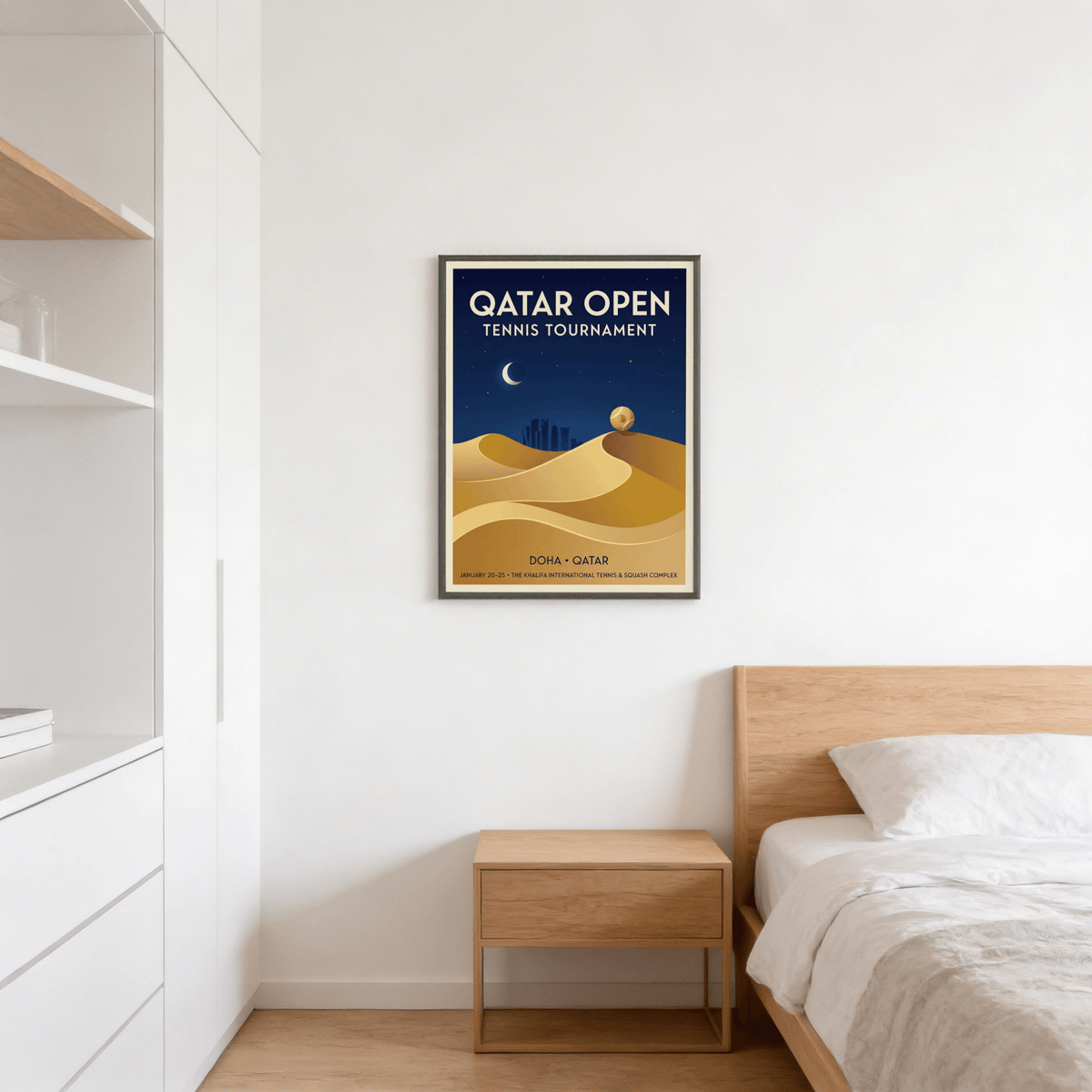 Modern office wall art of desert landscape with layered shapes and headline typography