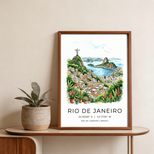 Detailed skyline poster with Rio De Janeiro Art Print text and coordinates at the bottom