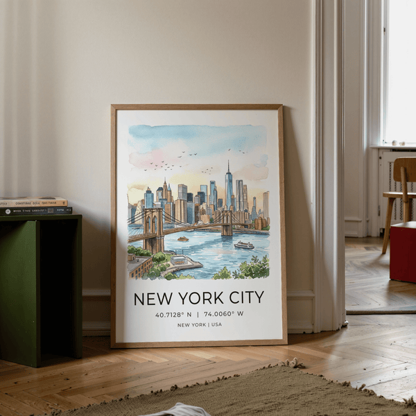 Close-up of black linework on multicolored skyline poster