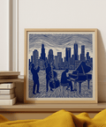 City skyline Musician Poster Art in blue and white for music room poster