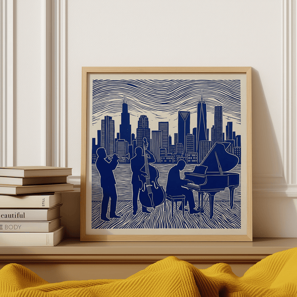 City skyline Musician Poster Art in blue and white for music room poster